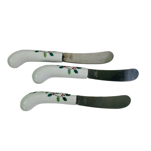 Christmas Pie Cake Server Cheese Knife Set Ceramic Handle Stainless Steel Holly - Picture 4 of 9